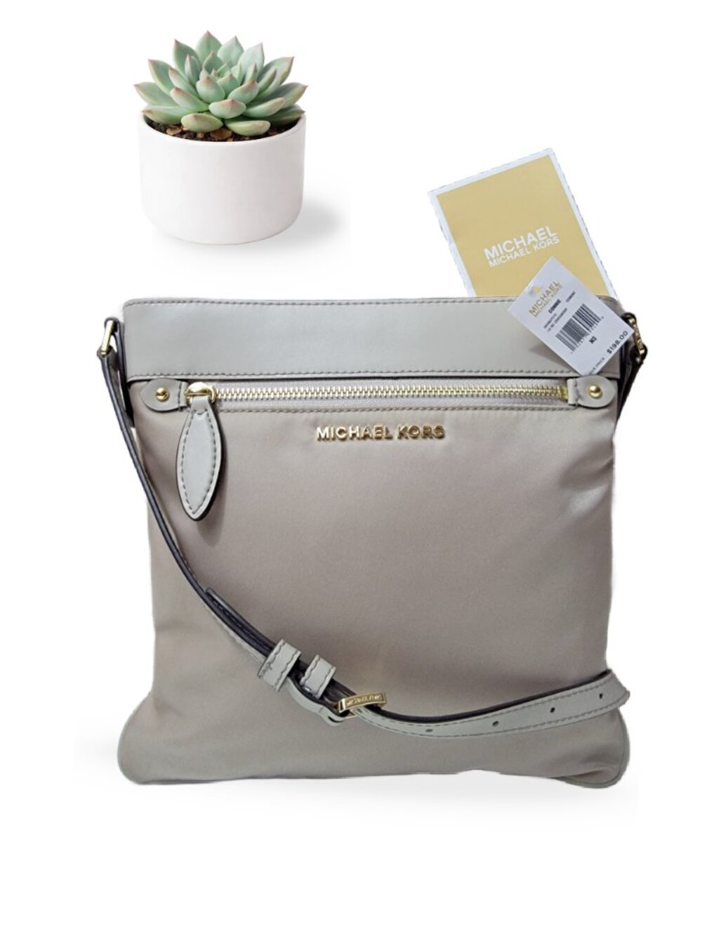 NWT Michael Kors Connie Large NS Crossbody Bag Cement Grey Nylon Gold Hardware
